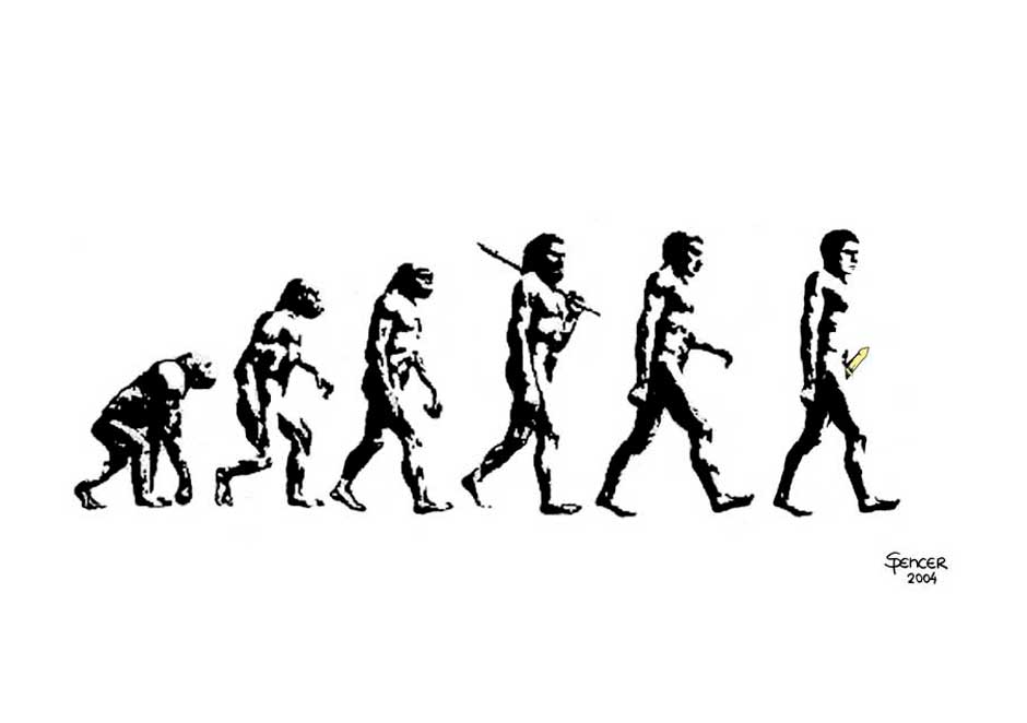 Este cartum em preto e branco retrata a evolução do homem. Da esquerda para a direita, caminhando neste sentido, veem-se primeiro um macaco, depois um hominídeo já com a coluna um pouco mais ereta e assim sucessivamente até o desenho do homem como conhecemos hoje. O detalhe é que este último está com o pênis ereto e coberto por um preservativo. 