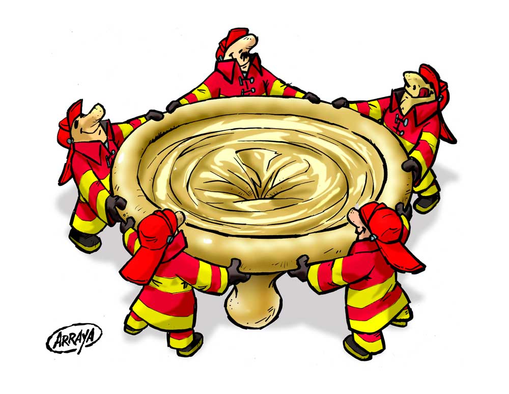 Neste cartum colorido, cinco bombeiros seguram uma enorme camisinha como se fosse uma rede. Eles olham para cima e direcionam o preservativo. 