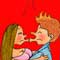 Um casal de mulher e homem se abraça e se beija neste cartum. Sobre o fundo vermelho, um grande coração amarelo, preenchido por incontáveis camisinhas, brota da união dos dois.