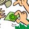 Duas moitas e algumas mãos compõem este cartum em cores. Na moita da esquerda, há três mãos: uma faz o sinal de positivo, outra oferece um rolo de papel higiênico e outra recebe uma camisinha. A moita da direita mostra as mãos que oferecem o preservativo e recebem o papel.