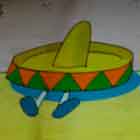 Nesta foto em cores uma superfície arredondada recebe a imagem projetada de um cartum. Percebem-se pessoas em pé e sentadas no chão, em torno da construção. O desenho mostra três sombreiros tipicamente mexicanos no chão, lado a lado, recostados à parede de uma casa. Nota-se que deixam à mostra pares de pernas esticadas. O primeiro sombreiro, da direita para a esquerda, é um pouco diferente, pois, na verdade, o chapéu é uma camisinha que esconde duas pessoas, das quais se observam apenas pernas e pés. 