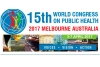 Not�cia: �Inscri��es abertas para o 15o Congresso Mundial de Sa�de P�blica�. Descri��o da imagem: desenho onde se v�, na se��o superior esquerda, a logomarca do Congresso, que consiste em um globo azul, com as linhas dos meridianos e paralelos em perspectiva, num tom de azul mais claro, e, sobre o globo, a imagem estilizada de tr�s seres humanos, compostos por um X arredondado, simulando os bra�os e pernas abertos, e uma bola sobre o X, simulando a cabe�a. Esses tr�s desenhos s�o vermelho, amarelo e verde. � direita da logomarca, h� os dizeres �15th WORLD CONGRESS ON PUBLIC HEALTH�, em letras grandes azuis, e abaixo deste texto, l�-se, em vermelho, �2017 MELBOURNE AUSTRALIA�. Esses desenhos est�o sob um fundo branco. Abaixo disso, h� uma sequ�ncia de 7 fotos justapostas, de paisagens e constru��es, e sobre essas fotos h� duas tarjas: uma, na parte superior, � de cor verde, e traz, em branco, os dizeres �3-7 APRIL 2017�; e a outra, na parte inferior, � azul, e traz, tamb�m em branco, os dizeres �VOICES � VISION � ACTION�. Fim da descri��o.