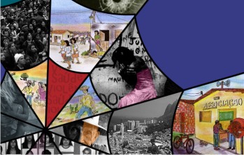 Terceira imagem: Identidade visual da Mostra Sociedade Viva. A figura que se v remete ao formato de uma teia de aranha, porm, em cada pequena frao do todo, h fragmentos de painis da mostra. Fim da descrio.