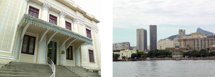 Fachada do palacete onde est instalado o CCMS: o prdio  um dos poucos pavilhes da Exposio de 1922 que resistiram s reformas na paisagem do Rio de Janeiro. Na segunda foto, o CCMS visto da Baa de Guanabara, tendo, ao lado, no centro da imagem, a nica torre restante do Mercado Municipal, onde funciona atualmente um restaurante.