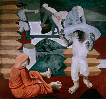 A pintura é colorida e mostra uma cena de trabalho braçal. Há uma mulher sentada no chão e um homem ao lado dela. Ele está em pé e carrega sobre a cabeça um grande saco, usando também as duas mãos para equilibrar o peso. Ao fundo outros homens trabalham em pé ou abaixados.
