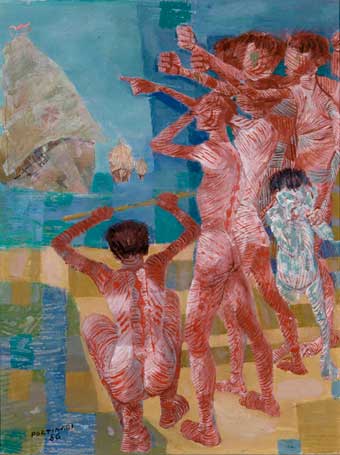 A pintura revela índios observando caravelas ao mar. Os indígenas estão em terra e aparecem em primeiro plano, em toda a lateral direita da imagem. O artista pintou os corpos dos índios em tons de vermelho, com exceção do corpo de uma criança, pintada em tons de azul. Os índios estão em pé, em sua maioria, pois há um deles agachado. Alguns seguram flechas, um deles aponta para o mar e outro venda os olhos com a mão.  Ao fundo, na lateral superior esquerda, há uma caravela mais visível, com uma cruz de malta  estampada em uma das velas. Mais ao fundo, há outras duas embarcações. 