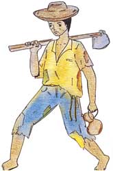 Este desenho em cores revela trabalhador do campo descalço, vestindo roupas remendadas e velhas. Observa-se que ele leva uma enxada no ombro e segura um objeto na outra mão. Percebe-se ainda feição um tanto triste em seu rosto.