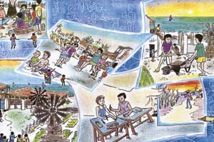 Este desenho em cores mostra duas cenas. No canto superior esquerdo, crianças reunidas embaixo de uma árvore, prestam atenção ao que um adulto fala. No centro da ilustração, como se fosse uma página na diagonal, nota-se cena de crianças desenhando sobre papel, sentadas no chão, enquanto outro grupo infantil interage ao ar livre. Este desenho em cores mostra duas cenas. No canto superior esquerdo, crianças reunidas embaixo de uma árvore, prestam atenção ao que um adulto fala. No centro da ilustração, como se fosse uma página na diagonal, nota-se cena de crianças desenhando sobre papel, sentadas no chão, enquanto outro grupo infantil interage ao ar livre.