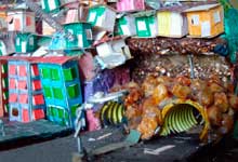 Esta foto em close revela fração de maquete na qual se reconhece ambiente de uma comunidade ou favela. Nota-se que as pequenas casas coloridas foram erguidas sem planejamento, ocupando os contornos do monte. Percebem-se também túneis sob as casas, por onde passam veículos.
